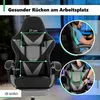 A gaming chair with dimensions indicated and a person demonstrating its ergonomic features. Produktbild-Vorschau