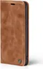 A brown flip cover case for a smartphone, shown from the side. Produktbild-Vorschau