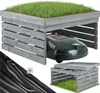 A collage of images showing a wooden garage for a robotic lawnmower, with a robotic lawnmower inside one of the images, and a separate image of a black sheet. Náhled obrázku produktu