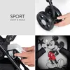 A collage of four images showcasing different aspects of a Hauck Sport Mickey Stars stroller, including text highlighting its features, a close-up of the wheels, a demonstration of a part being adjusted, and a detail of the stroller's interior lining with  Anteprima dell’immagine prodotto