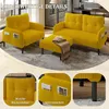 A yellow sofa set with an armchair and ottoman displayed in a living room setting, with close-up shots highlighting features. Produktbild-Vorschau