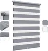 A close-up, studio shot of a grey and white striped roller blind, presented against a white background. The image also includes inset close-up views of the blind's mechanism and mounting hardware, as well as color swatches. Produktbild-Vorschau