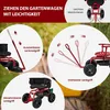 Collage of images showing features of a red garden cart with a seat. Podgląd zdjęcia produktu