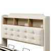 Close-up of a beige upholstered bed headboard with built-in wooden shelves. Náhled obrázku produktu