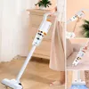 A collage of images showing a white cordless vacuum cleaner being used in different settings. Produktbild-Vorschau