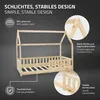 A wooden children's house bed with various features highlighted by text and close-up insets. Produktbild-Vorschau