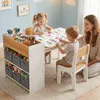 COSTWAY Kindertafel met 2 stoelen, 4 vakken, 6 opbergmanden Productafbeelding-voorbeeld 2