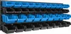 A wall-mounted storage system with multiple blue and black bins. Produktbild-Vorschau