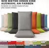 A row of colorful chair cushions displayed against a white background, with color swatches and names at the bottom. Produktbild-Vorschau