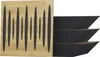 A product shot of acoustic bass traps, with one panel showing a wood grain pattern with black sound wave-like cutouts, and three angled black bass traps to the right. Náhľad obrázku produktu