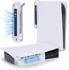 A white PlayStation 5 console with a white cooling fan accessory attached to the bottom and side. Produktbild-Vorschau