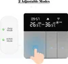 A smart thermostat with a digital display showing temperature and time, and a hand interacting with a button labeled 'M'. To the left, there's a graphic indicating 'Away Mode' and 'HOME Mode'. Podgląd zdjęcia produktu