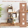 A S-shaped wooden shelf unit with various items displayed on it, next to a wall and a plant. A brown sidebar lists categories with icons. Podgląd zdjęcia produktu