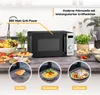 A black microwave oven is shown on a kitchen counter with various food items and illustrative circles showing different functions. Produktbild-Vorschau