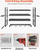 An image showing the components of a wall-mounted tool storage rack and the steps for its assembly and installation. Produktbild-Vorschau