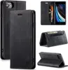 Collage of product images showing a black leather wallet-style phone case for an iPhone SE. Produktbild-Vorschau
