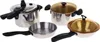 A collection of toy cookware, including a pressure cooker, two pots with lids, and a frying pan, arranged on a white background. Produktbild-Vorschau