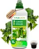 A bottle of cucumber fertilizer with cucumber plants in the background. Produktbild-Vorschau