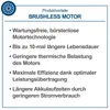 A graphic listing the benefits of a brushless motor. Produktbild-Vorschau