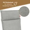 Close-up of a grey cushion with water droplets on it, indicating water repellency, with marketing text overlay. Produktbild-Vorschau