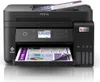 A black Epson EcoTank L6270 printer is shown from the front, with a printed document in the output tray and another document in the input tray. Podgląd zdjęcia produktu