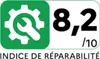 A green square with a white gear and wrench icon, and the text "8,2 / 10 INDICE DE RÉPARABILITÉ" below. Voir les images du produit