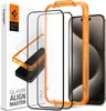 A product shot of a Spigen Glas.Tr Align Master screen protector kit for an iPhone 15 Pro Max, including the packaging, the alignment tool, and two screen protectors. Anteprima dell’immagine prodotto