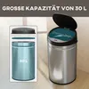 A stainless steel trash can with its lid open, next to a diagram showing its internal structure and capacity. Produktbild-Vorschau
