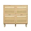 A product shot of a shoe cabinet with four doors and wooden legs, presented on a white background. Podgląd zdjęcia produktu