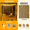 A comparison of "OUR" upgraded LED curtain lights with "OTHERS" ordinary lights, highlighting features like brightness, remote control, and durability. Produktbild-Vorschau