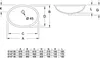 A technical drawing of a sink with dimensions and a table of specifications. Produktbild-Vorschau