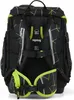 The back of a black backpack with green geometric patterns and ergonomic support features. Podgląd zdjęcia produktu