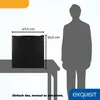 A mini refrigerator is shown on a table next to a silhouette of a person, with dimensions indicated. Produktbild-Vorschau