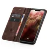 A brown flip-case wallet for a smartphone, open to reveal the phone screen and card slots. Produktbild-Vorschau