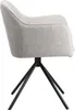 A side view of a gray fabric chair with a black metal base. Voir les images du produit