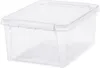 A clear, studio shot of a transparent plastic storage box with a white lid. Produktbild-Vorschau