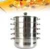 A stainless steel steamer pot with multiple tiers is shown against a white background, with a blurred image of food in a broth visible at the top. Produktbild-Vorschau
