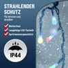 A close-up marketing image of a string of colorful LED lights with text overlays highlighting features. Produktbild-Vorschau
