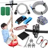 A collection of zip line components and a child using a zip line swing. Produktbild-Vorschau