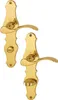 Two brass door handles with escutcheons on a white background. Podgląd zdjęcia produktu