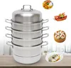 A collage of a multi-tier stainless steel steamer with various food items, including curry, shrimp, dumplings, and fish, displayed around it. Podgląd zdjęcia produktu