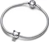 A silver Pandora bracelet with a cat charm and a bow charm. Anteprima dell’immagine prodotto