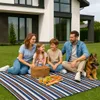 A family and their dog are having a picnic on a striped blanket in front of a modern house. Anteprima dell’immagine prodotto