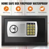 A black safe box with a digital keypad and a handle is shown, with marketing text and icons above it. Produktbild-Vorschau