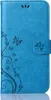 A blue flip case for a smartphone, decorated with a floral and butterfly pattern. Produktbild-Vorschau