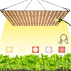 A full-spectrum LED grow light panel illuminates a bed of young green plants. Below the light, five colored squares represent different light spectrums. Náhľad obrázku produktu