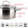 A stainless steel pot with a glass lid, featuring labels pointing out its features and compatibility icons at the bottom. Produktbild-Vorschau