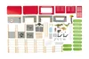 A collection of toy dinosaur enclosure pieces, including fences, buildings, and dinosaur figures, laid out on a white background. Produktbild-Vorschau