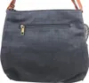 The back of a dark blue perforated handbag with a brown strap and a gold zipper. Produktbild-Vorschau
