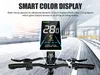 A close-up of an electric bike's handlebars and display screen, with a blurred background of a road. Produktbild-Vorschau